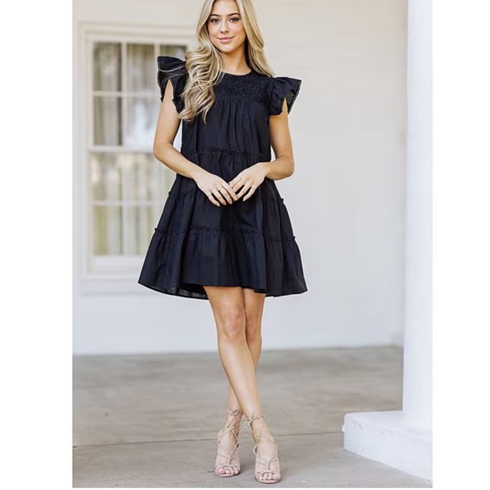 J.Marie Zara Embroidered Ruffle Cap Sleeve Novelty Trim Tiered Waistless Dress